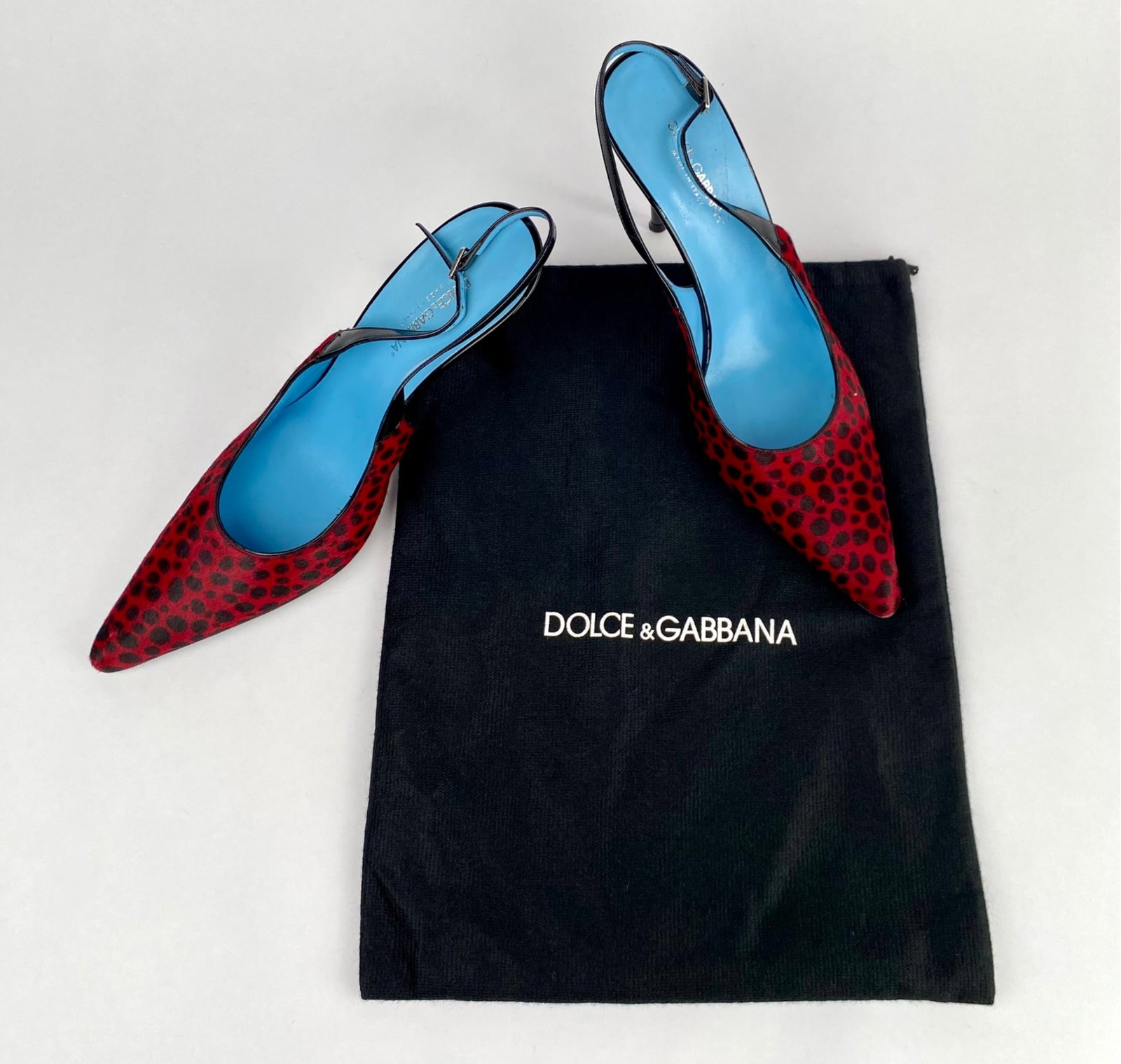 Dolce & Gabbana Red and Black Heels with Dust Bag (Size 40.5): Dolce & Gabbana slingback heels featuring a vibrant red and black spotted pattern with a pointed toe design. The insoles are finished in a striking blue with the Dolce & Gabbana logo detail. T