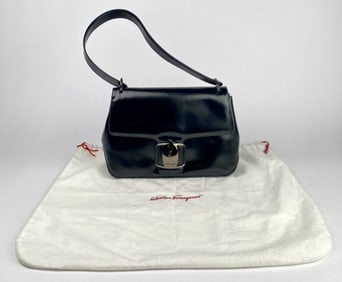 Salvatore Ferragamo Black Leather Flap Shoulder Bag with Dust Bag