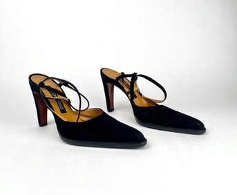 Sergio Rossi Black Suede Pointed Toe Heels with Straps (Size 40.5)