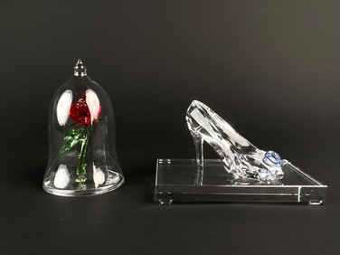 Pair of Swarovski Disney Crystal Figurines Enchanted Rose and Glass Slipper