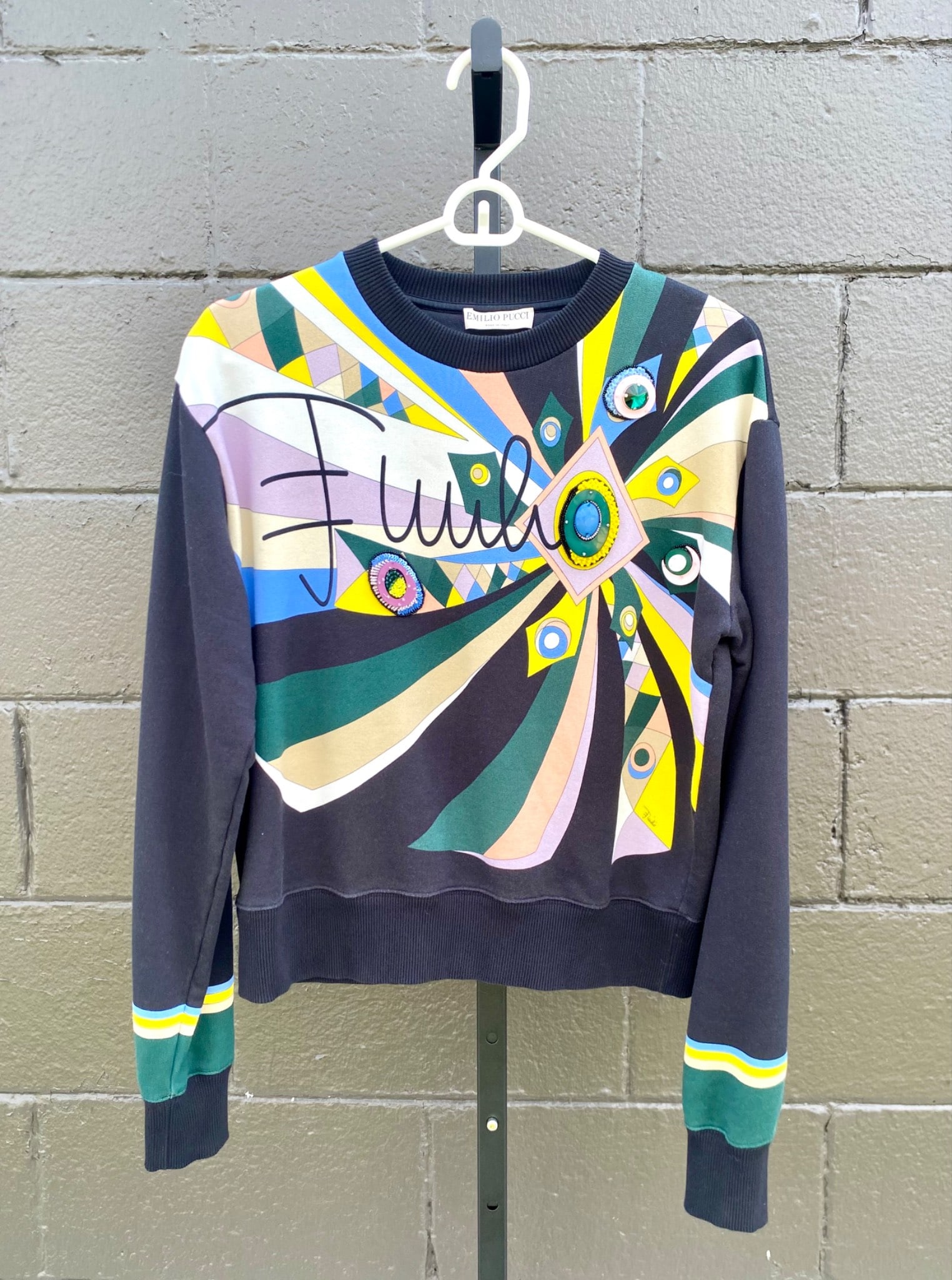 Emilio Pucci Colorful Beaded Sweatshirt (Size Small): Emilio Pucci sweatshirt featuring a vibrant multicolor abstract design with detailed bead and sequin embellishments on the front. Made in Italy from 100% cotton in size S, with ribbed cuffs and hem. B