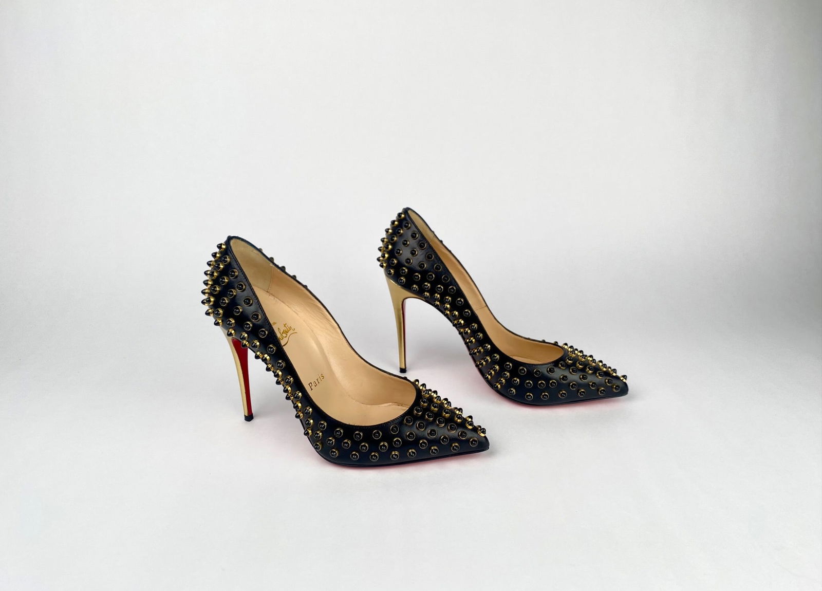 Christian Louboutin Black Patent Leather Spiked Heels (Size 37.5) (1 of 12)