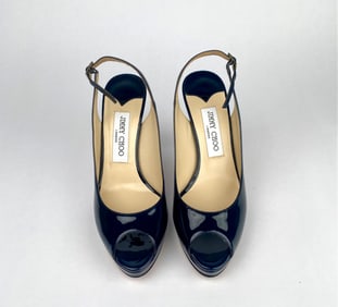 Jimmy Choo Navy Patent Leather Slingback Heels (Size 37.5)