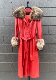 Red Townley Leather Coat with Fur Trim and Belt