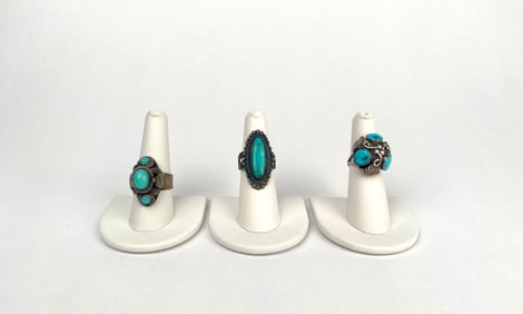 Three Sterling Silver Rings with Turquoise Stones