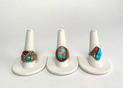 Lot of Three Sterling Silver Rings with Inlaid Turquoise and Coral