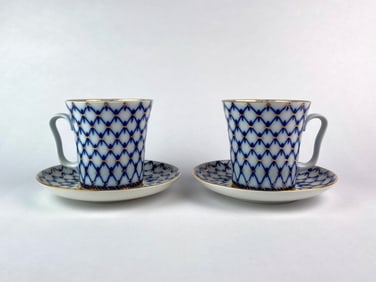 Pair of Lomonosov Imperial Porcelain Cobalt Net Mugs and Saucers