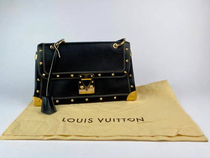 Louis Vuitton Limited Edition Black Leather Lockit Studded Shoulder Bag: Louis Vuitton Limited Edition Lockit-style shoulder bag crafted from black leather with gold-tone stud and corner hardware, contrast yellow stitching, and a reinforced structured silhouette. The front