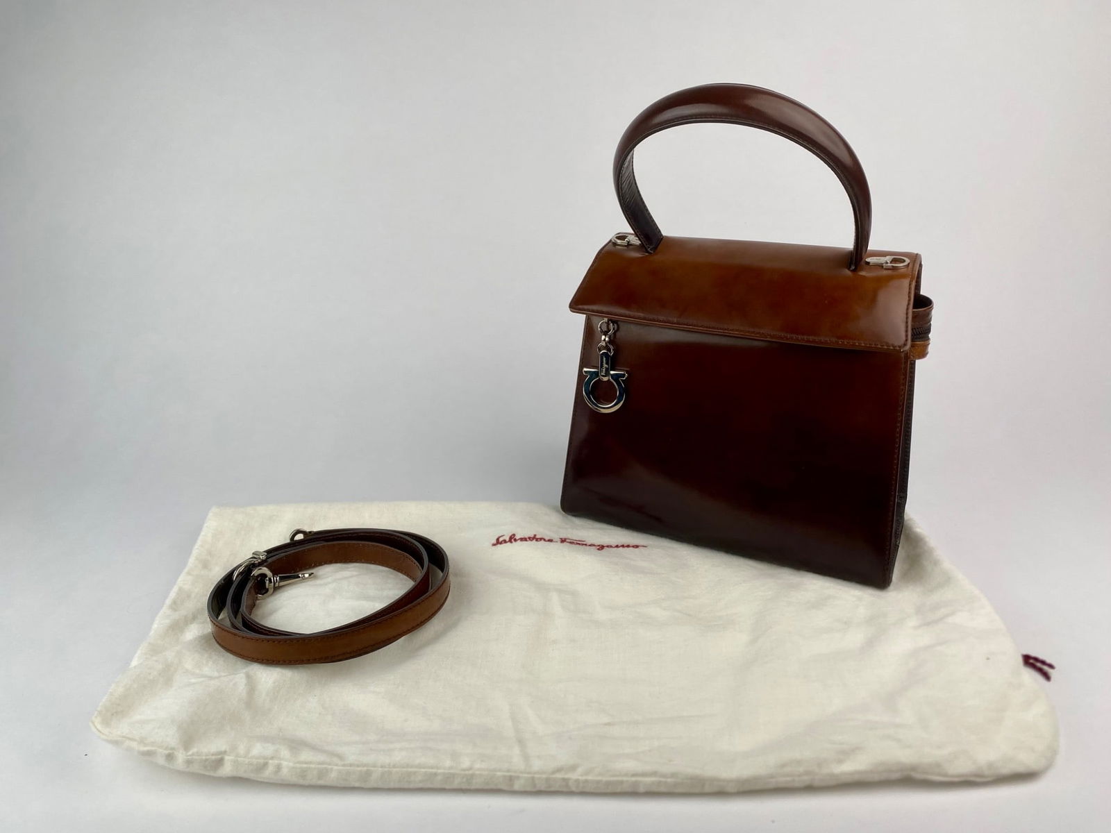Salvatore Ferragamo Brown Ombre Patent Leather Victoria Top Handle Bag with Strap (1 of 12)