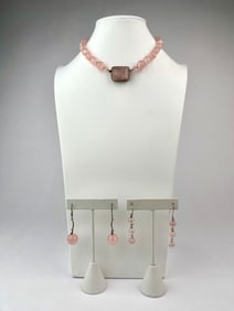 Vintage Sterling and Rose Quartz Jewelry Set with Orante Box Clasp