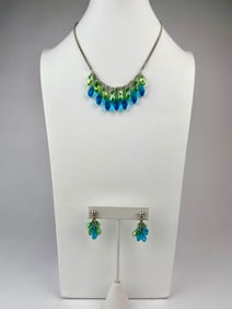 Vintage Green and Blue Faceted Glass Drop Necklace and Earring Set