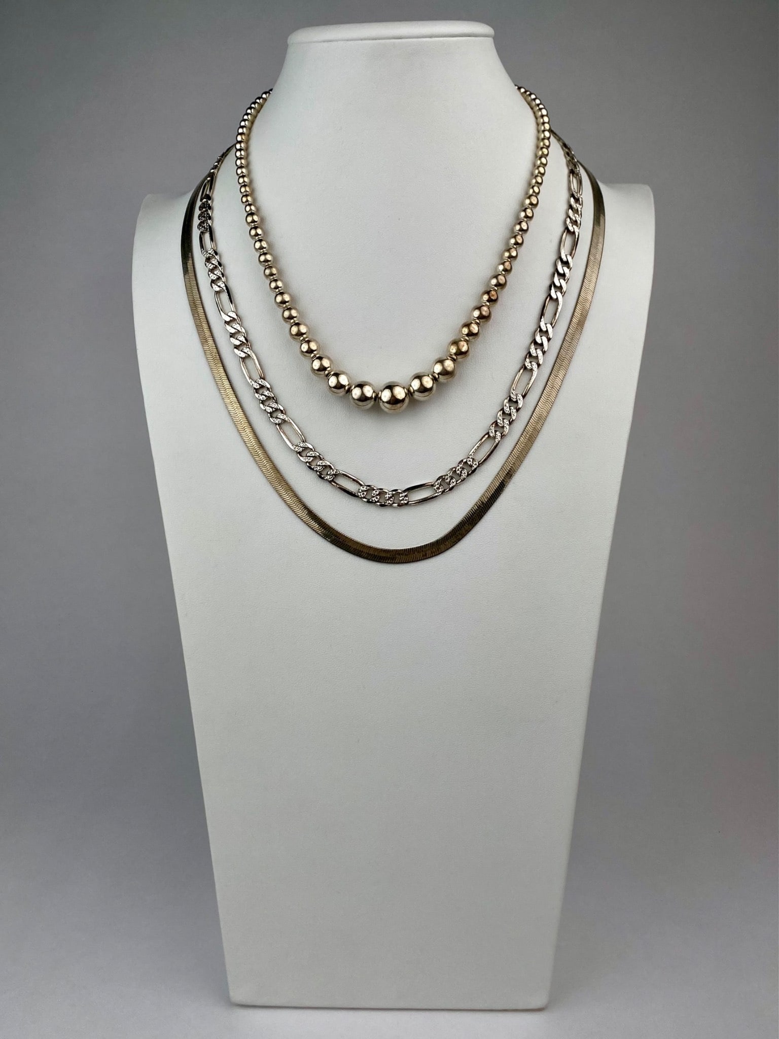 Set of Three Sterling Silver Necklace- Beaded Figaro, and Herringbone Chain (1 of 12)