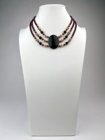 Three-Strand Garnet and Onyx Necklace with Gold Tone Accents