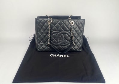 Chanel Black Quilted Caviar Leather Tote with Chain Straps