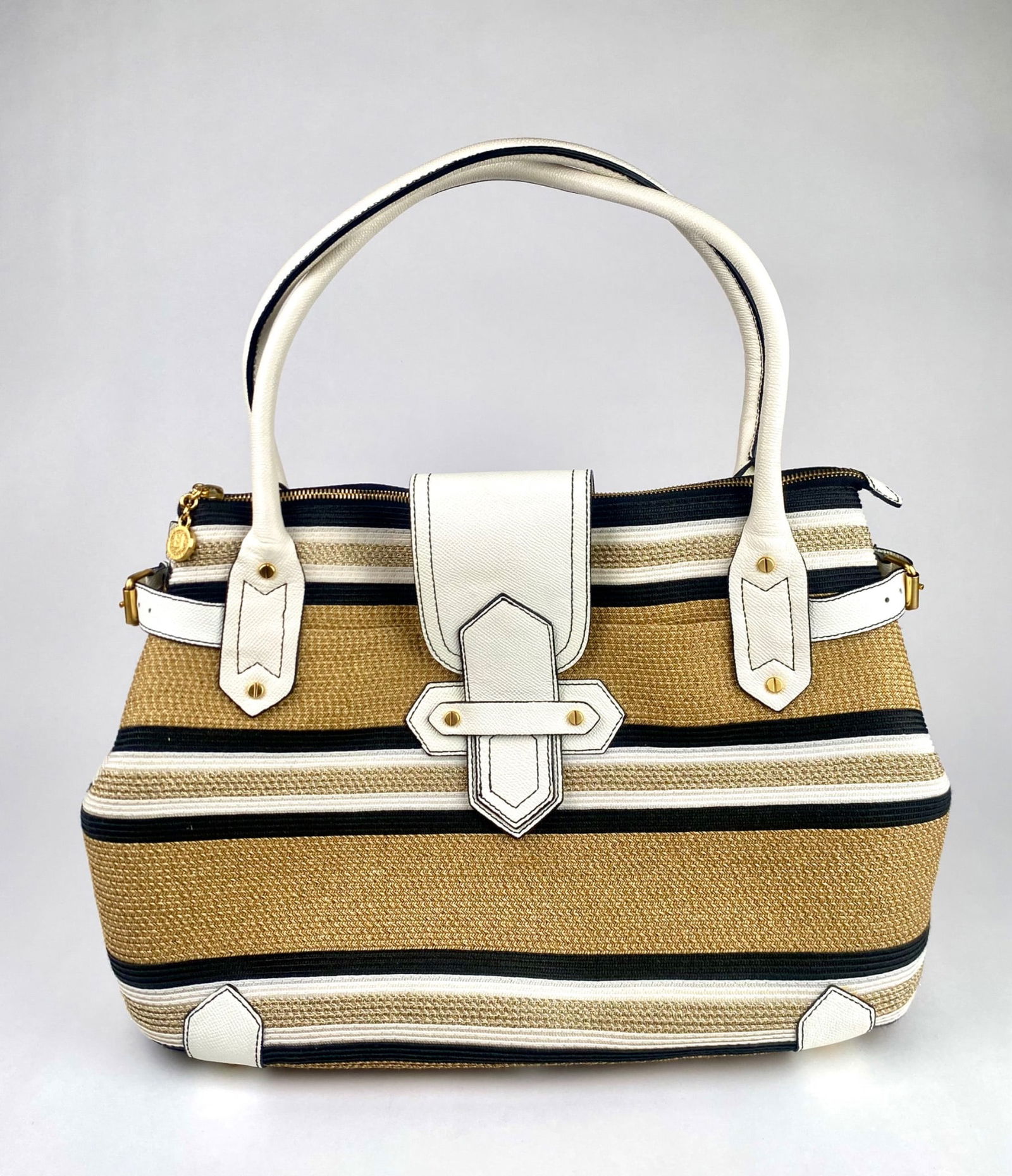 Eric Javits New York Striped Straw and Leather Handbag (1 of 12)