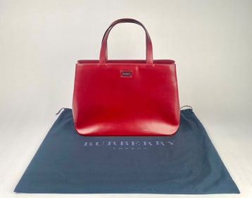 Burberry Red Leather Tote Bag with Check Lining and Dust Bag