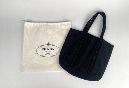 Prada Black Mini Nylon Tote Bag with Floral Details and Dust Bag