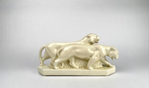 Art Deco Crackle Glaze Ceramic Sculpture of Two Panthers
