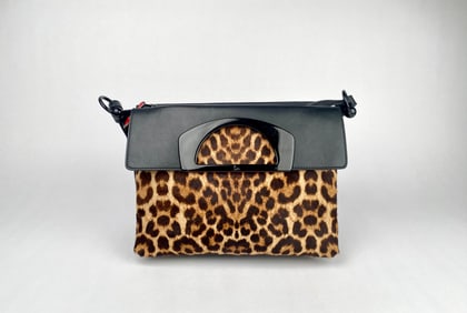 Christian Louboutin Leopard Print Calf Hair and Black Leather Purse