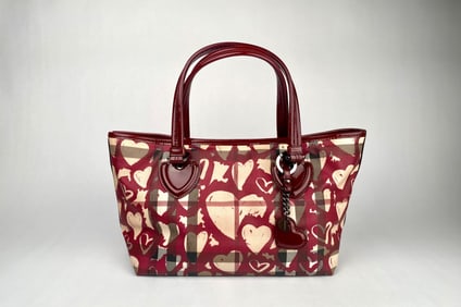 Burberry Nova Check Canvas Heart Tote Bag with Patent Leather Trim