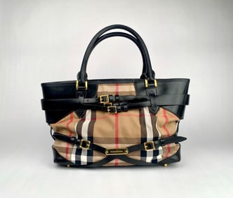 Burberry Nova Check and Black Leather Tote Bag with Gold Hardware