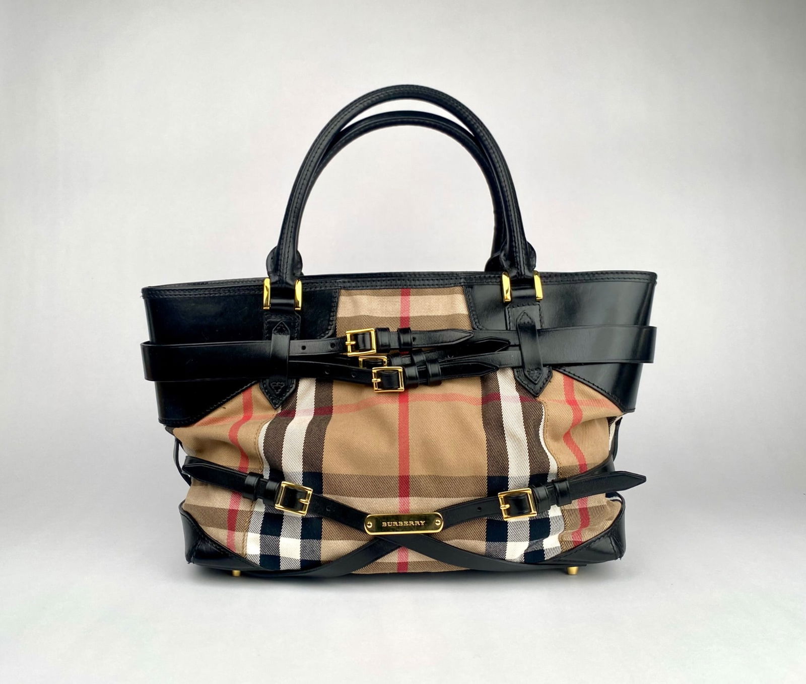 Burberry Nova Check and Black Leather Tote Bag with Gold Hardware (1 of 12)