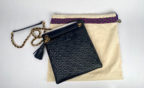 Tory Burch Black Quilted Leather Crossbody Bag with Chain Strap