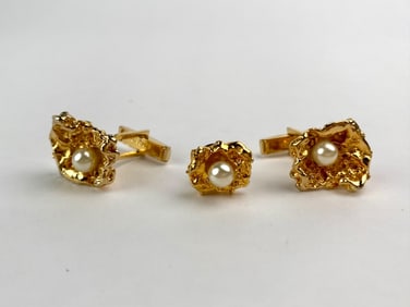 Gold-Tone Nugget Cufflinks and Tie Tack Set with Faux Pearls