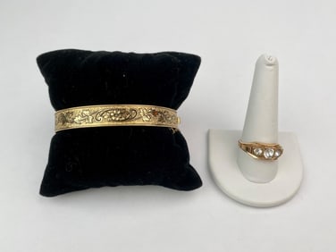 Vintage 12K Gold-Filled Ring and Etched Bangle Bracelet Set