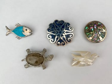 Lot of Five Vintage Brooches  Mexican Sterling Inlay, Enamel, Fossil and Mother of Pearl
