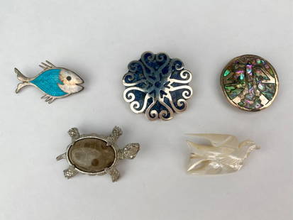 Lot of Five Vintage Brooches  Mexican Sterling Inlay, Enamel, Fossil and Mother of Pearl: Group of five vintage brooches including Mexican sterling and lapis inlay brooch/pendant, Mexican sterling and abalone shell inlay brooch/pendant, Taxco Mexican enamel fish brooch, a Petoskey stone tu