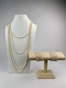 Long Faux Pearl Necklace with Wide Faux Pearl Cuff Bracelets