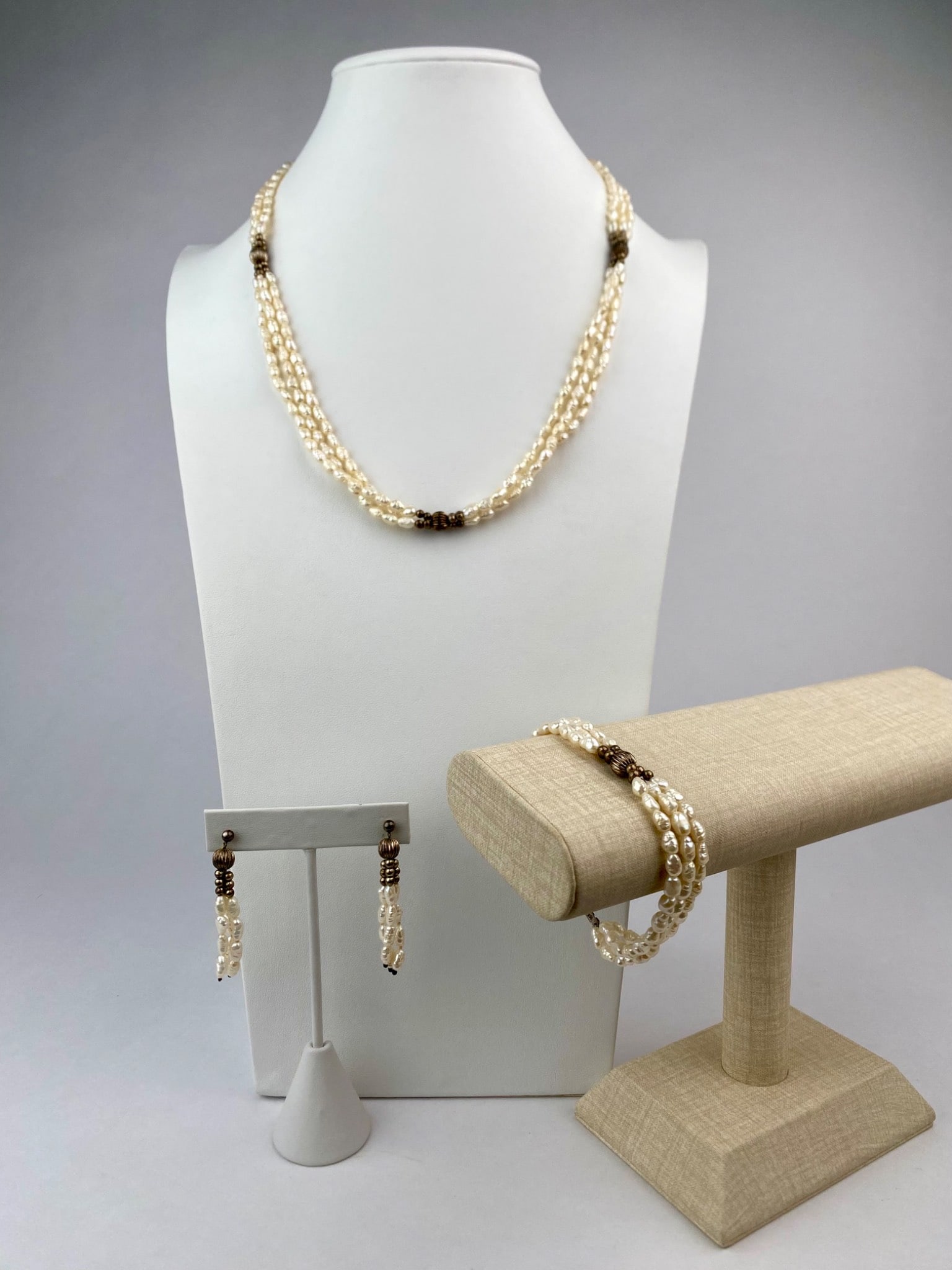 Three-Strand Freshwater Pearl Necklace, Bracelet, and Earring Set (1 of 12)