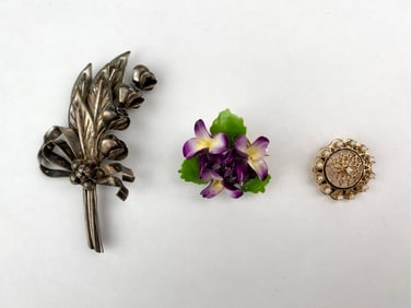Set of Three Vintage Brooches- Sterling, Porcelain, 14K Gold