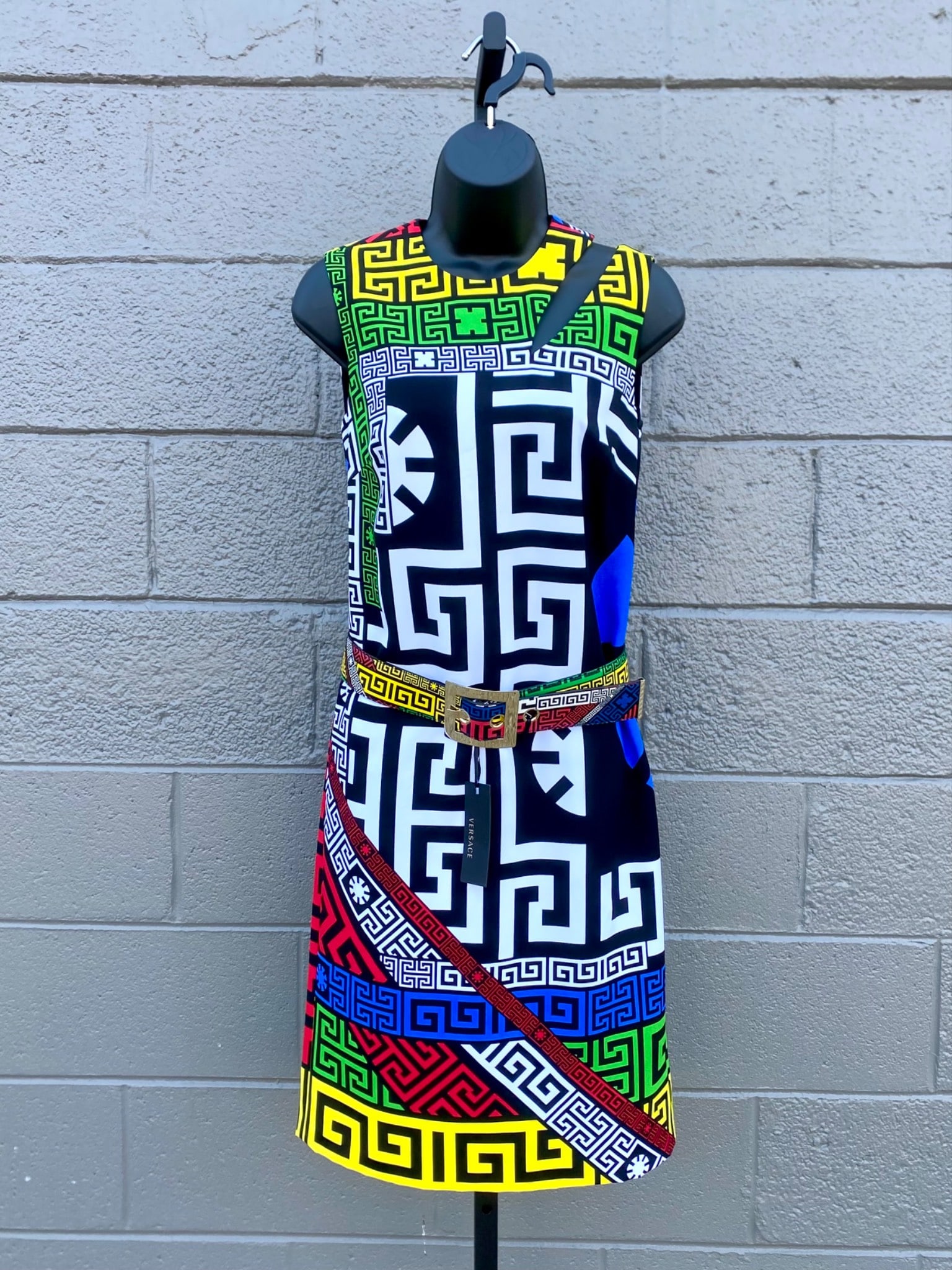 Versace Fall/Winter 2015 Multicolor Greek Key Print Dress with Matching Belt, Size 38 (1 of 12)