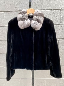 Black Fur Jacket with Gray Chinchilla Collar, Size 8