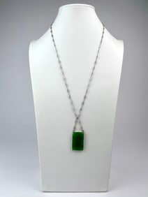 Sterling Silver Filigree and Green Glass Pendant Necklace