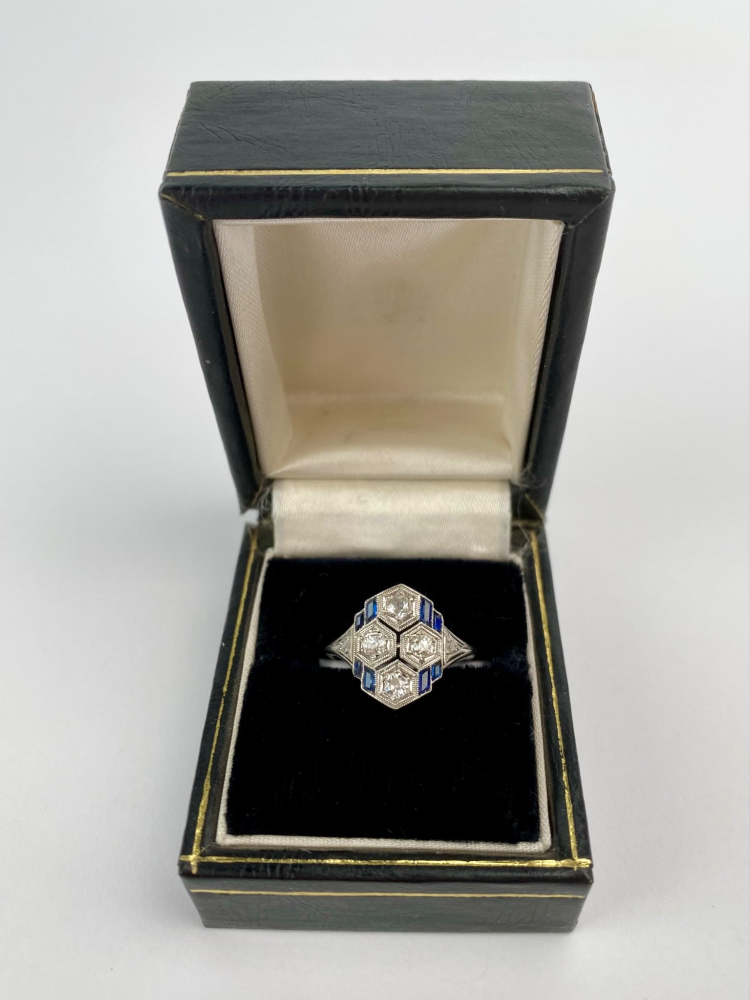Art Deco Style White Metal Ring with Diamond and Sapphire Accents (1 of 8)