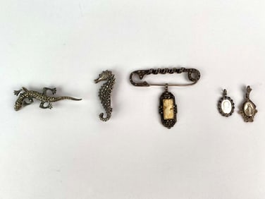 Set of Five Vintage Sterling Silver and Marcasite Brooches and Pendant