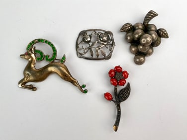 Group of Four Vintage Silver and Costume Brooches