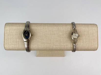 Pair of Vintage Ladies Wristwatches- Gruen & 14K Benrus: Pair of vintage ladies' wristwatches including one Precision by Gruen diamond quartz watch and one Benrus mechanical watch with a 14K gold case. The Precision watch features a navy-blue dial with
