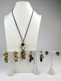 Mixed Media Jewelry Set with One Necklace and Three Pairs of Earrings