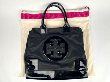 Tory Burch Black Nylon and Patent Leather Tote Bag with Dust Bag