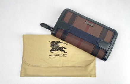 Burberry Brown Check Canvas Zip Around Wallet with Dust Bag