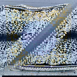 Versace Home Queen Size Baroque and Leopard Print Comforter: Versace Home comforter featuring a black and white leopard print pattern with intricate gold baroque-style detailing. The fabric includes a Versace Home label as shown. Comforter has wear consistent w