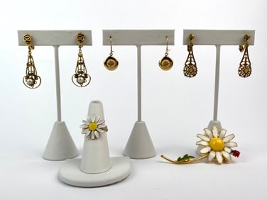 Group of Daisy-Themed and Gold-Tone Costume Jewelry