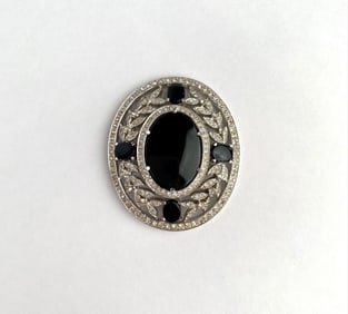 Signed Panetta Silver-Tone Brooch with Black Onyx and Rhinestones