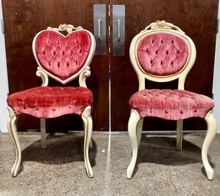 Pair of Cream and Red Tufted Velvet Accent Chairs