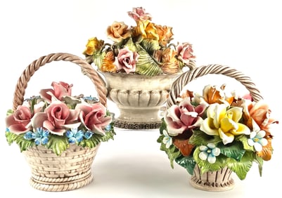 Set of Three Capodimonte Flower Arrangements in Basket Forms