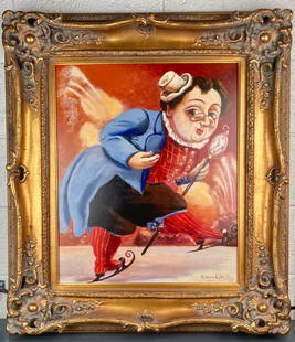 Framed Signed Oil Painting by Alexander Kanchik: Original oil painting on canvas by Alexander Kanchik, signed and dated 1999 on the lower right. The composition features an exaggerated figure dressed in 18th century-inspired attire, ice skating with